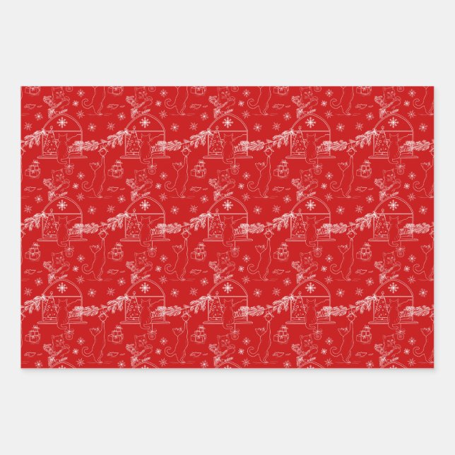 Feuille De Papier Cadeau Red green & white Christmas winter cats (Devant)