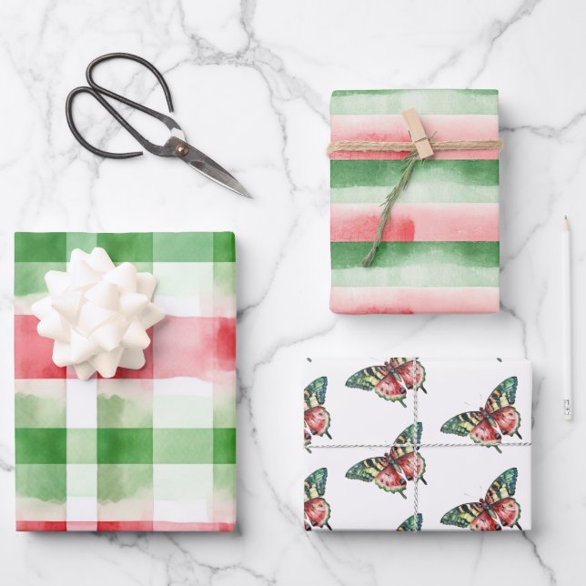 Feuille De Papier Cadeau Red Green White Stripes Birthday (Recto)