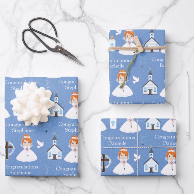 Feuille De Papier Cadeau Red Hair Première Fille Communion (Recto)