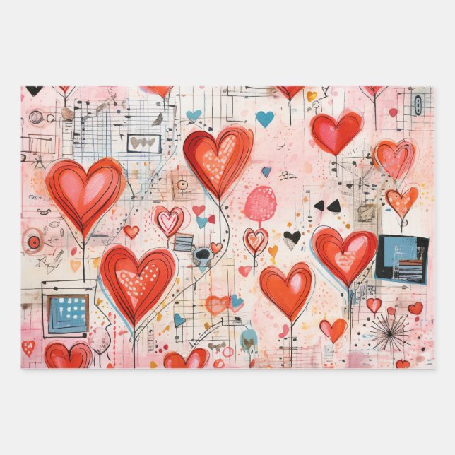 Feuille De Papier Cadeau Red Hearts Whimsical Love Motif (Devant)