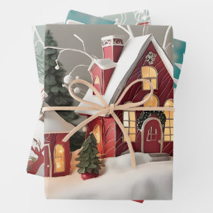Feuille De Papier Cadeau Red House Winter Neige Design cadeau de Noël uniqu