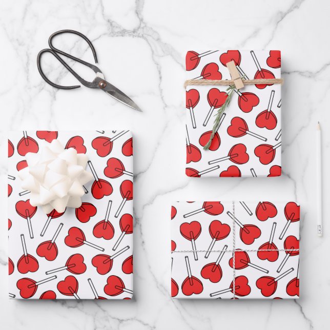 Feuille De Papier Cadeau Red Lollipops, Heart Lollipops, Lollipop Pattern (Recto)