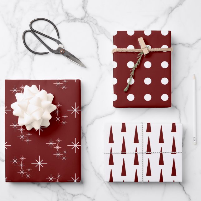 Feuille De Papier Cadeau Red Modern Christmas Trees Snowflakes Festive (Recto)
