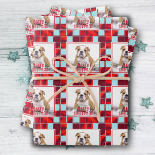 Feuille De Papier Cadeau Red Plaid Bulldog Chien photo Joyeux Noël