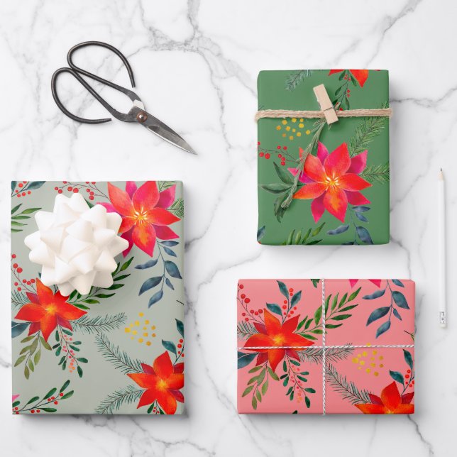 Feuille De Papier Cadeau  Red Poinsettia Christmas Floral (Recto)