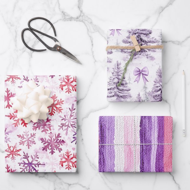 Feuille De Papier Cadeau Red Purple Snowflakes Christmas Tree Stripes (Recto)