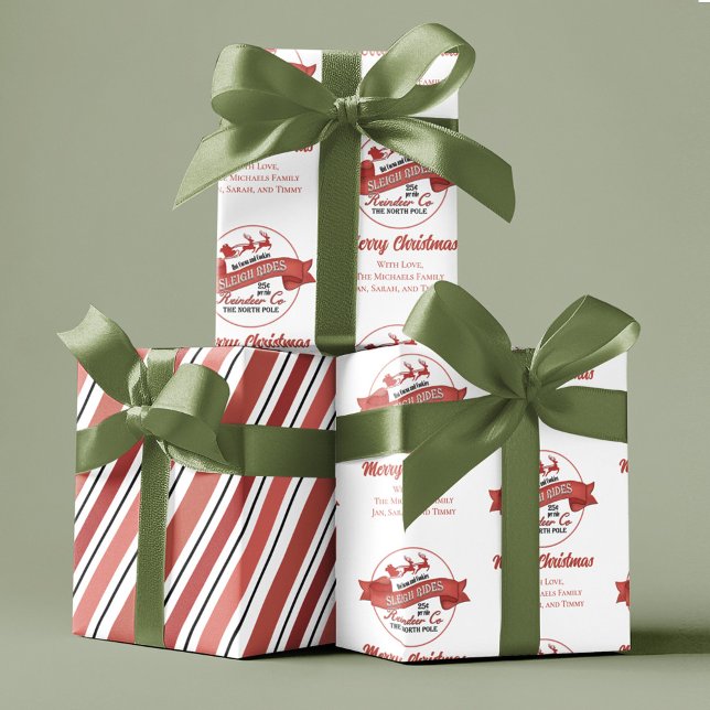 Feuille De Papier Cadeau Red Retro Noël Père Noël personnalisé (Christmas custom gift wrap. with whimsical reindeer sleigh rides. )