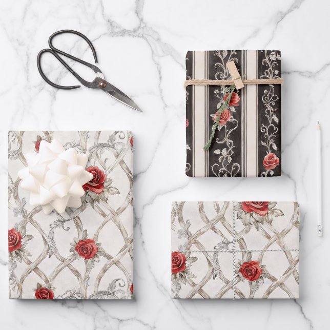 Feuille De Papier Cadeau Red Roses Faux Wood Floral Wedding (Recto)