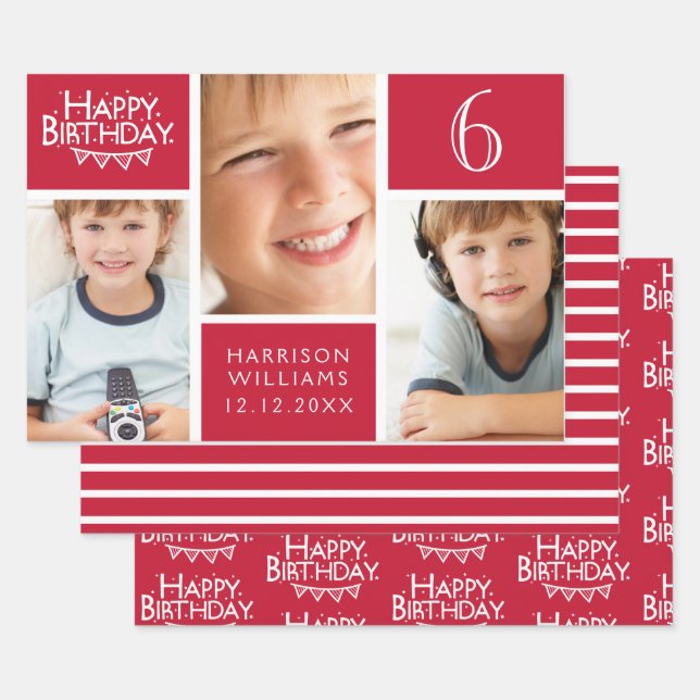Feuille De Papier Cadeau Red Stripe Happy Birthday Bunting Photo (Lot)