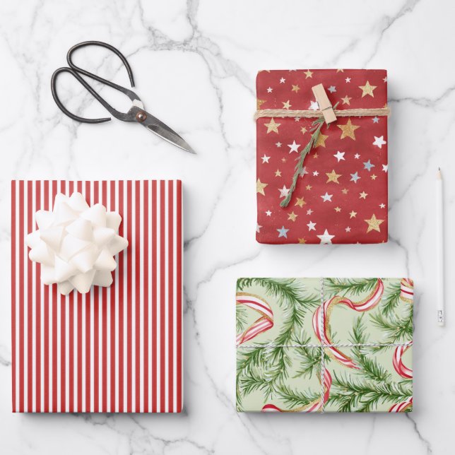 Feuille De Papier Cadeau Red Stripes Green Ribbons Gold Stars Christmas (Recto)