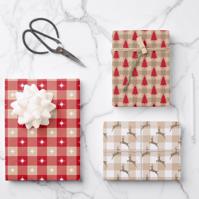 Feuille De Papier Cadeau Red Tan Country Plaid Arbres Noël Fêtes (Recto)