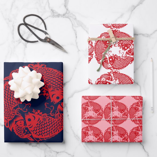 Feuille De Papier Cadeau Red Whirling Koi Carp Fish Group WPS3 (Recto)