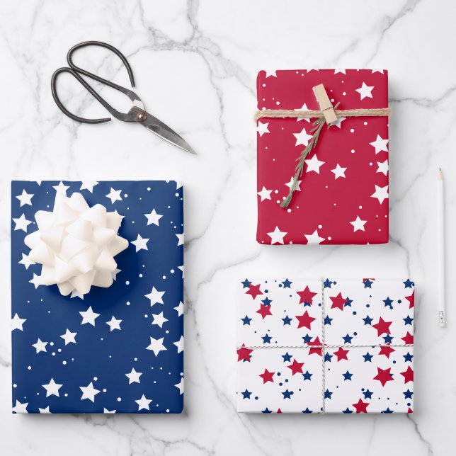 Feuille De Papier Cadeau Red White Blue Stars Motif USA Independence Day (Recto)
