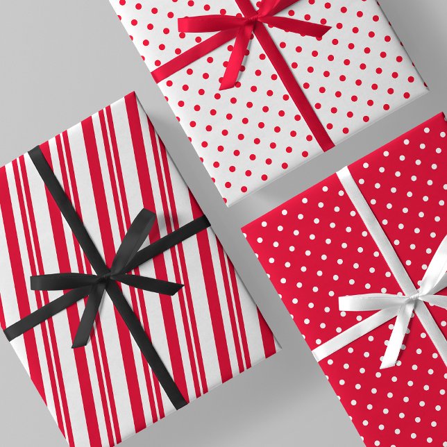 Feuille De Papier Cadeau Red & White Candy Cane Stripes & Polka Dots (Red & White Candy Cane Stripes & Polka Dots Wrapping Paper Sheets)