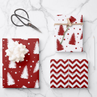 Feuille De Papier Cadeau Red White Christmas Trees Chevron Holiday