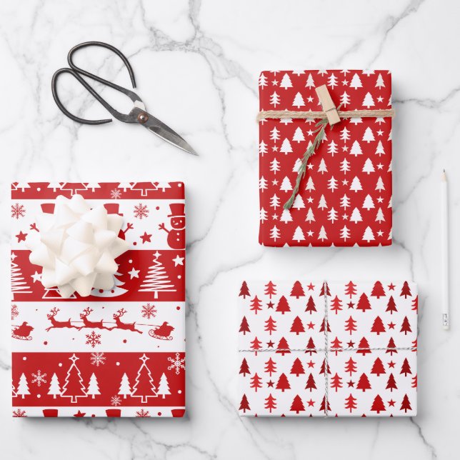 Feuille De Papier Cadeau Red White Holiday Trees, Sleigh et Snowmen (Recto)