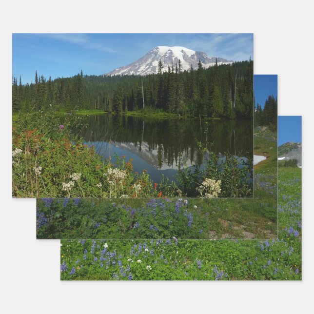 Feuille De Papier Cadeau Réflexion du lac Rainier avec Fleurs sauvages (Lot)