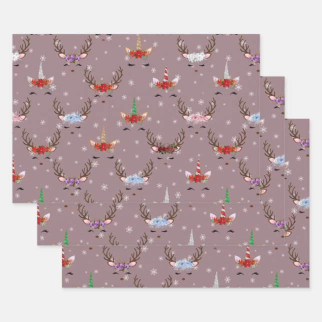 Feuille De Papier Cadeau Reindeer de Noël et licornes en rose (Lot)