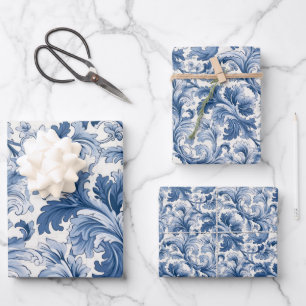 Feuille De Papier Cadeau Renaissance bleue et blanche Acanthus Damask