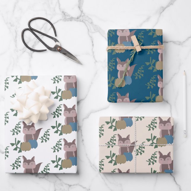 Feuille De Papier Cadeau Renard Chute Citrouille Bleu Beige Boho (Recto)