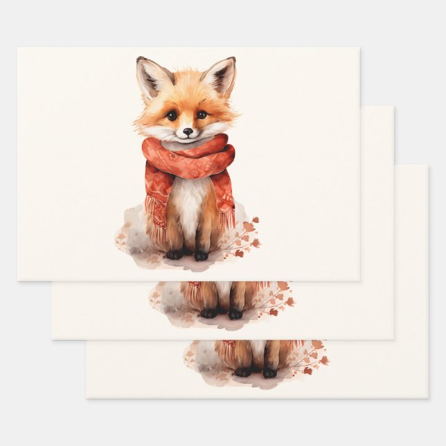 Feuille De Papier Cadeau Renard mignon en écharpe rouge (Lot)