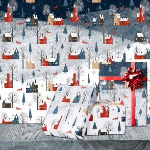Feuille De Papier Cadeau Renard Rouge Nordique Rustique Dans Un Village De