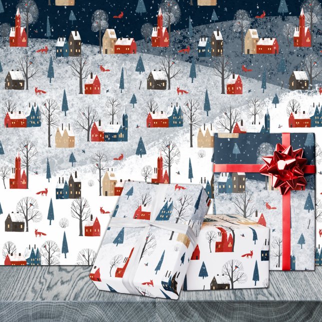 Feuille De Papier Cadeau Renard Rouge Nordique Rustique Dans Un Village De  (Créateur téléchargé)