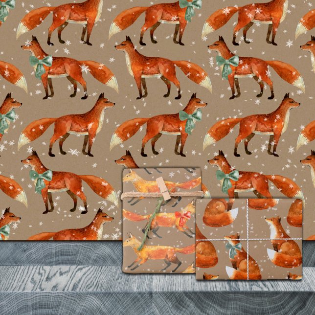 Feuille De Papier Cadeau Renard Rouge Rustique Kraft Avec Vaches Et Flammes (Rustic Kraft Red Fox With Bows And Snowflakes Christmas Holiday Gift Wrapping Paper Sheets Trio)