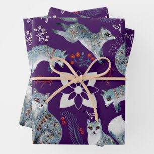 Feuille De Papier Cadeau Renards bleus stylisés avec des motifs floraux com