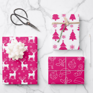 Feuille De Papier Cadeau Renne rose, sapin de Noël et Motif de vacances