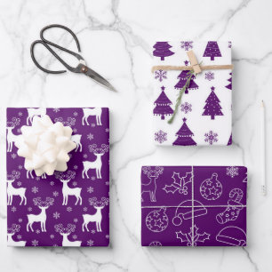 Feuille De Papier Cadeau Renne violet, sapin de Noël et motif de vacances