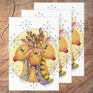 Feuille De Papier Cadeau Rennes de Noël mignons portant des écharpes avec d