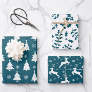 Feuille De Papier Cadeau Rennes turquoises, sapin de Noël et Motifs saints
