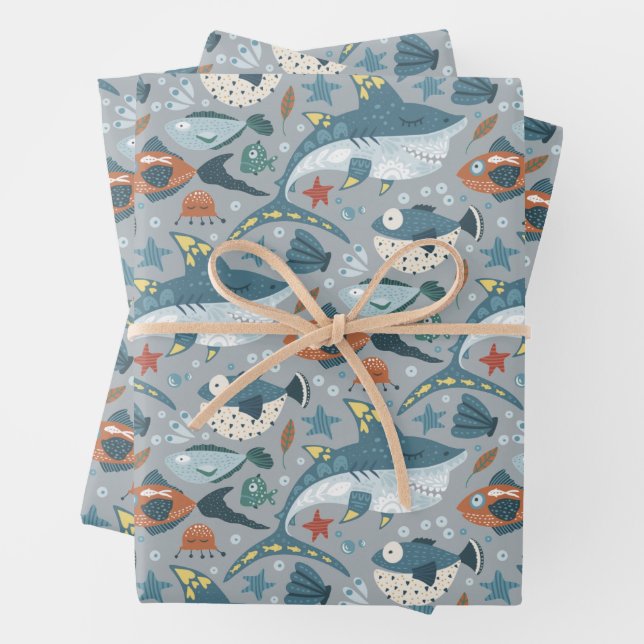 Feuille De Papier Cadeau Requin mignon Sous L'Anniversaire de enfant Du Poi (En situation)