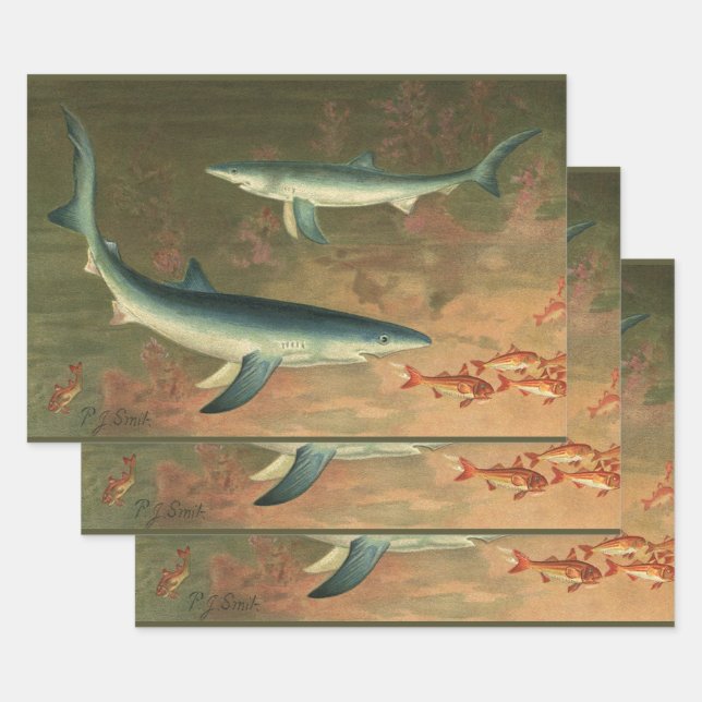 Feuille De Papier Cadeau Requins Bleus Mangeant du Poisson, Vie Marine Vint (Lot)