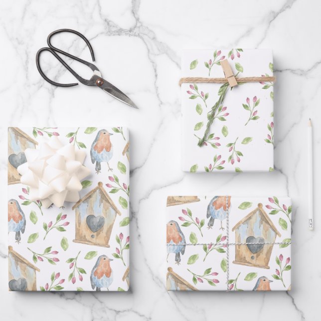 Feuille De Papier Cadeau Ressort d'aquarelle de la maison d'oiseaux (Recto)