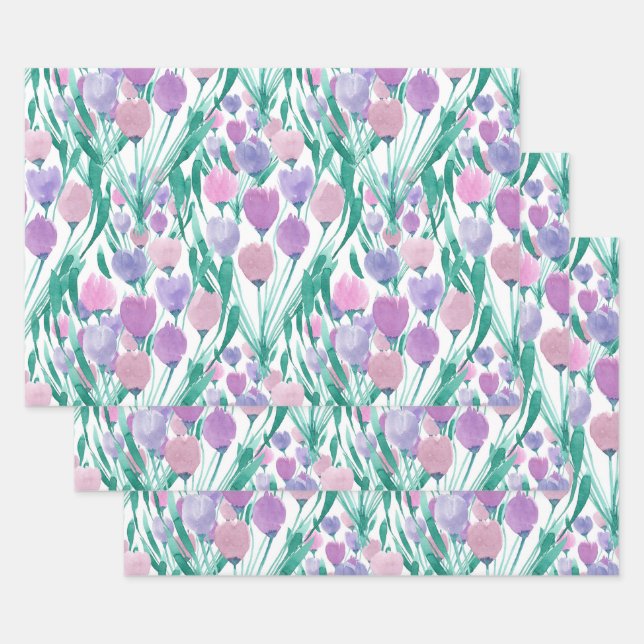 Feuille De Papier Cadeau Ressort rose pourpre Tulipe Floral Aquarelle (Lot)