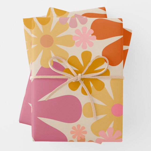 Feuille De Papier Cadeau Retro 1960s 1970s Fleurs motifs floraux (En situation)