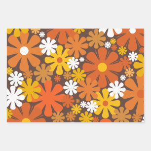 Feuille De Papier Cadeau Retro 60s les années 70 motif floral Brown et oran