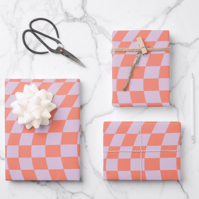 Feuille De Papier Cadeau Retro Check Motif Lilac Et Orange Checkerboard (Recto)