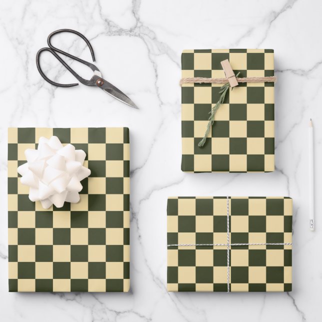 Feuille De Papier Cadeau Retro Checkered in Olive Green and Cream (Recto)