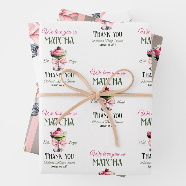 Feuille De Papier Cadeau Retro Club Pink Bow Love You Matcha Baby shower (En situation)