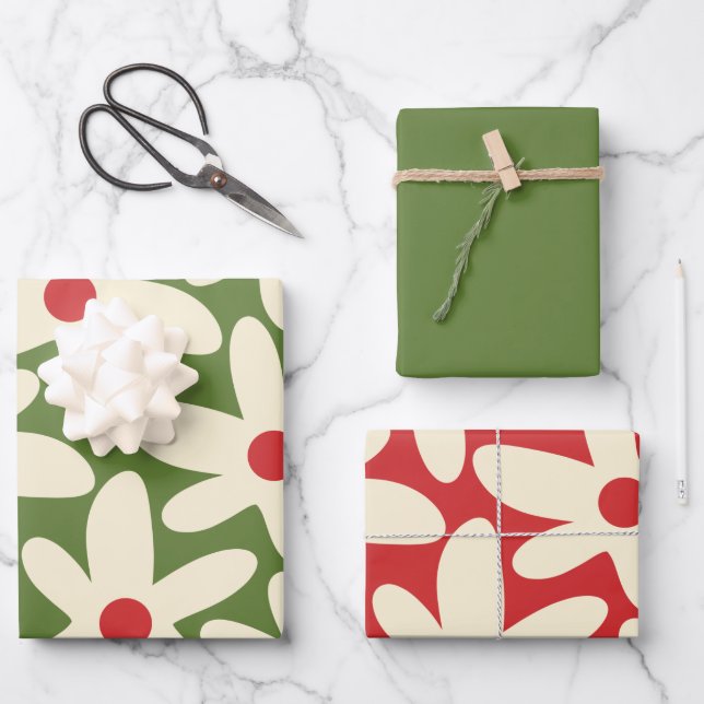 Feuille De Papier Cadeau Retro Daisy Floral Motifs de Noël (Recto)
