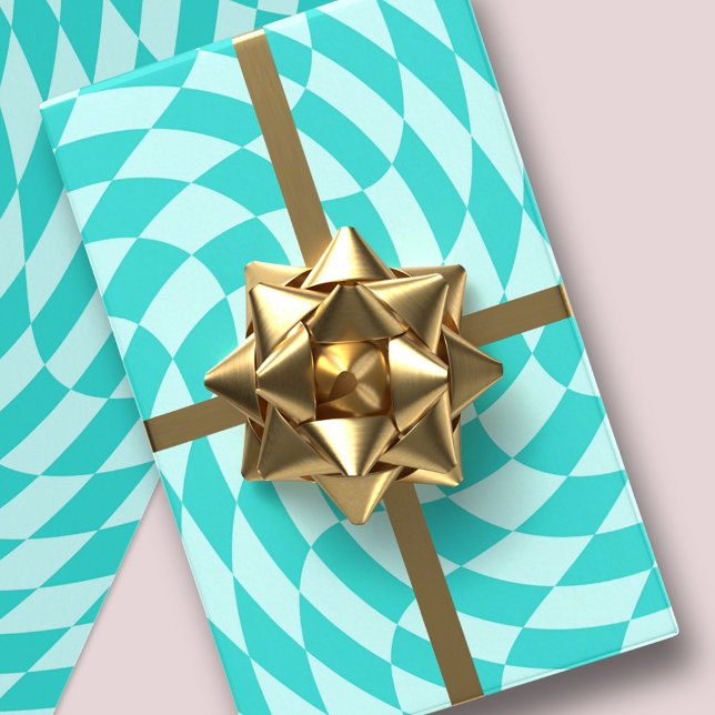 Feuille De Papier Cadeau Rétro damboard tourbillonnet bleu aqua checkers (Retro checkerboard swirl aqua blue checkers wrapping paper sheets)
