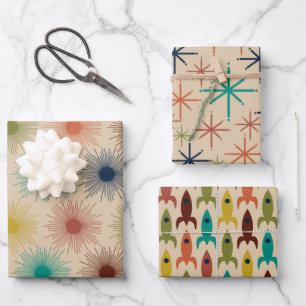 Feuille De Papier Cadeau Retro de l'âge atomique Midsiècle Mod Suns Étoiles