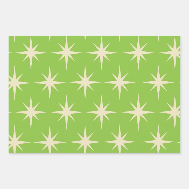 Feuille De Papier Cadeau Retro étoiles atomique motif sur le vert citron (Devant)