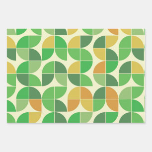 Feuille De Papier Cadeau Rétro Fleur Géométrique Milieu de Siècle Vert 