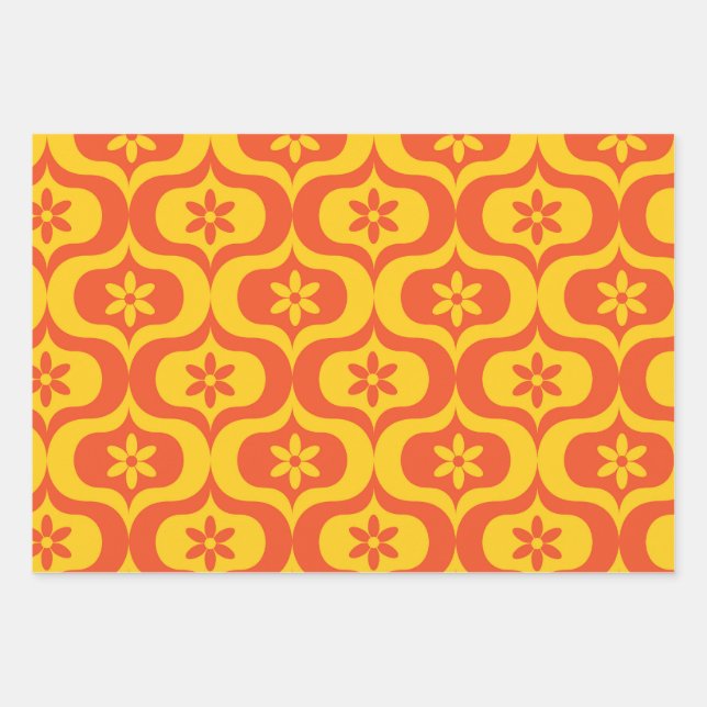 Feuille De Papier Cadeau Retro Flowers on Yellow and Red Ogee Pattern  (Devant)