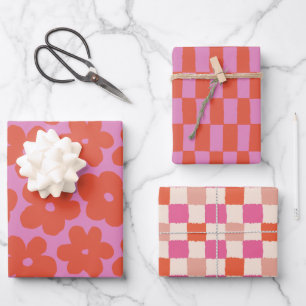 Feuille De Papier Cadeau Rétro gras rose et orange floral et carreaux