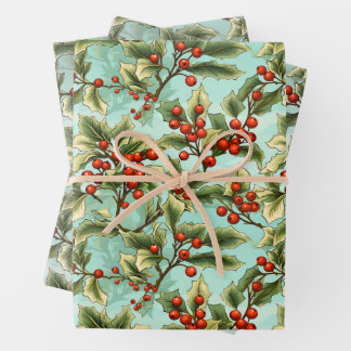 Feuille De Papier Cadeau Retro Holly Christmas